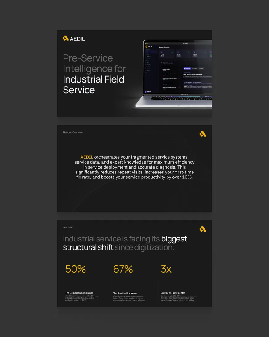 Three Aedil pitch deck slides: the cover, the platform overview and the structural shift in industrial service