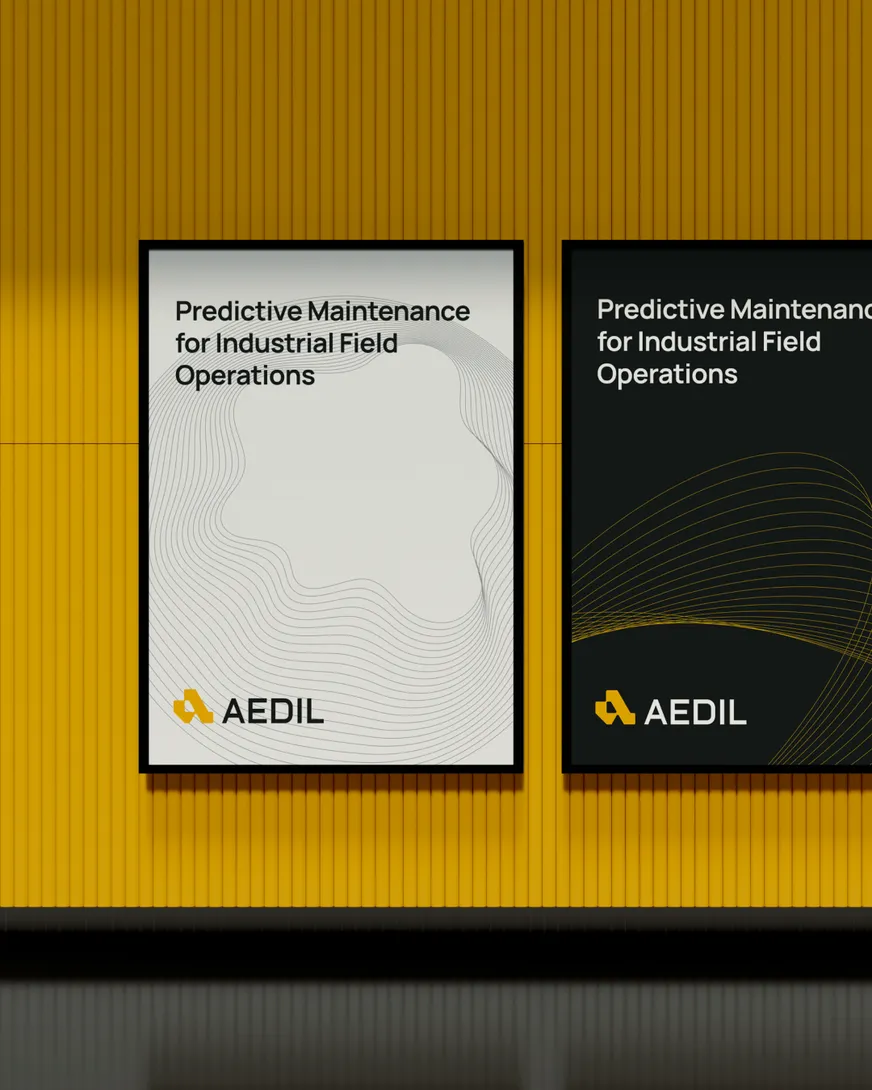 Two Aedil posters on a yellow wall: Predictive Maintenance for Industrial Field Operations