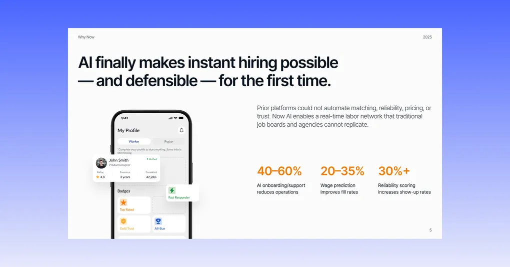 Why-now slide: AI finally makes instant hiring possible and defensible for the first time