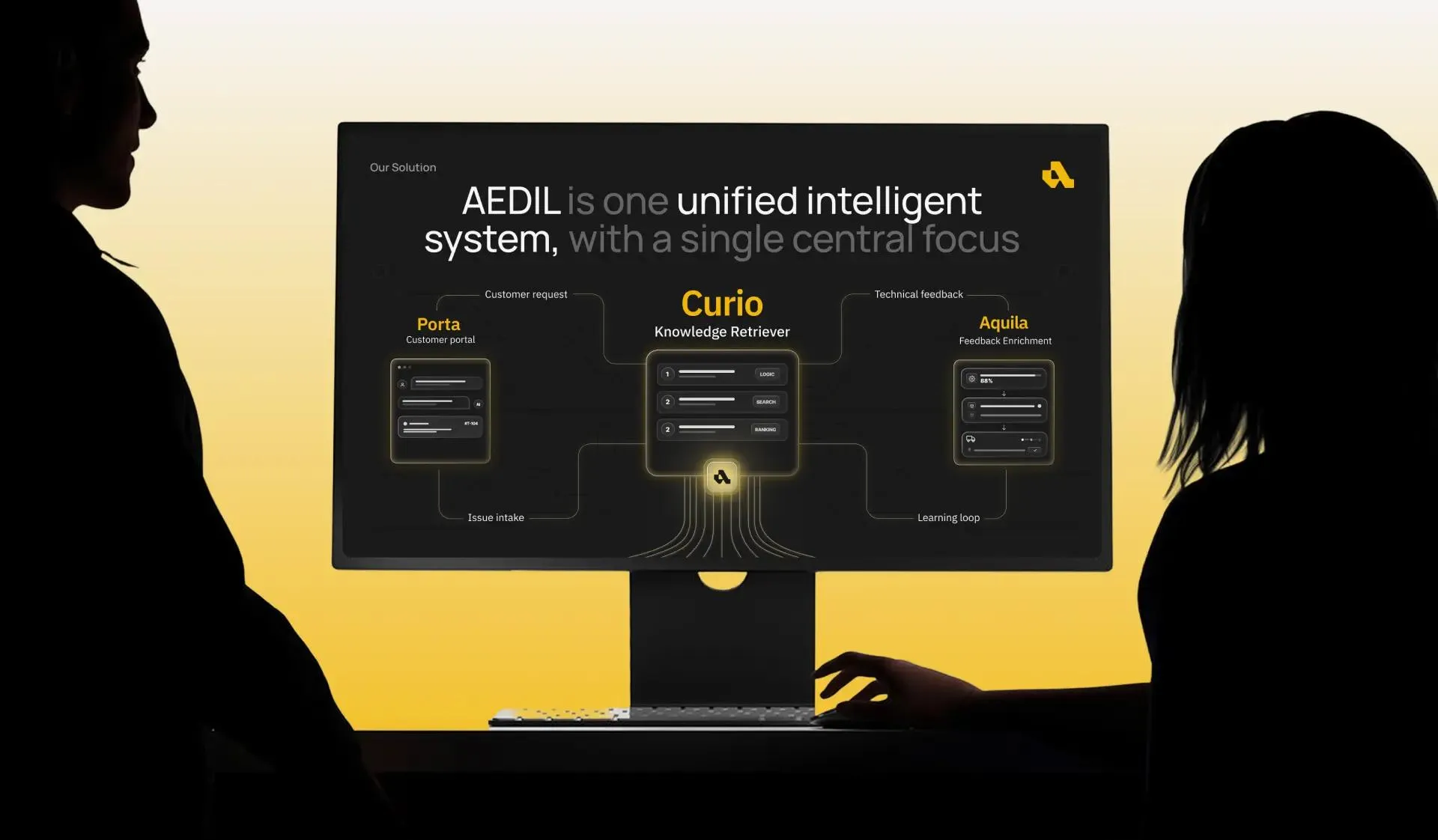 Two people in silhouette at a monitor showing the solution slide of the AEDIL pitch deck