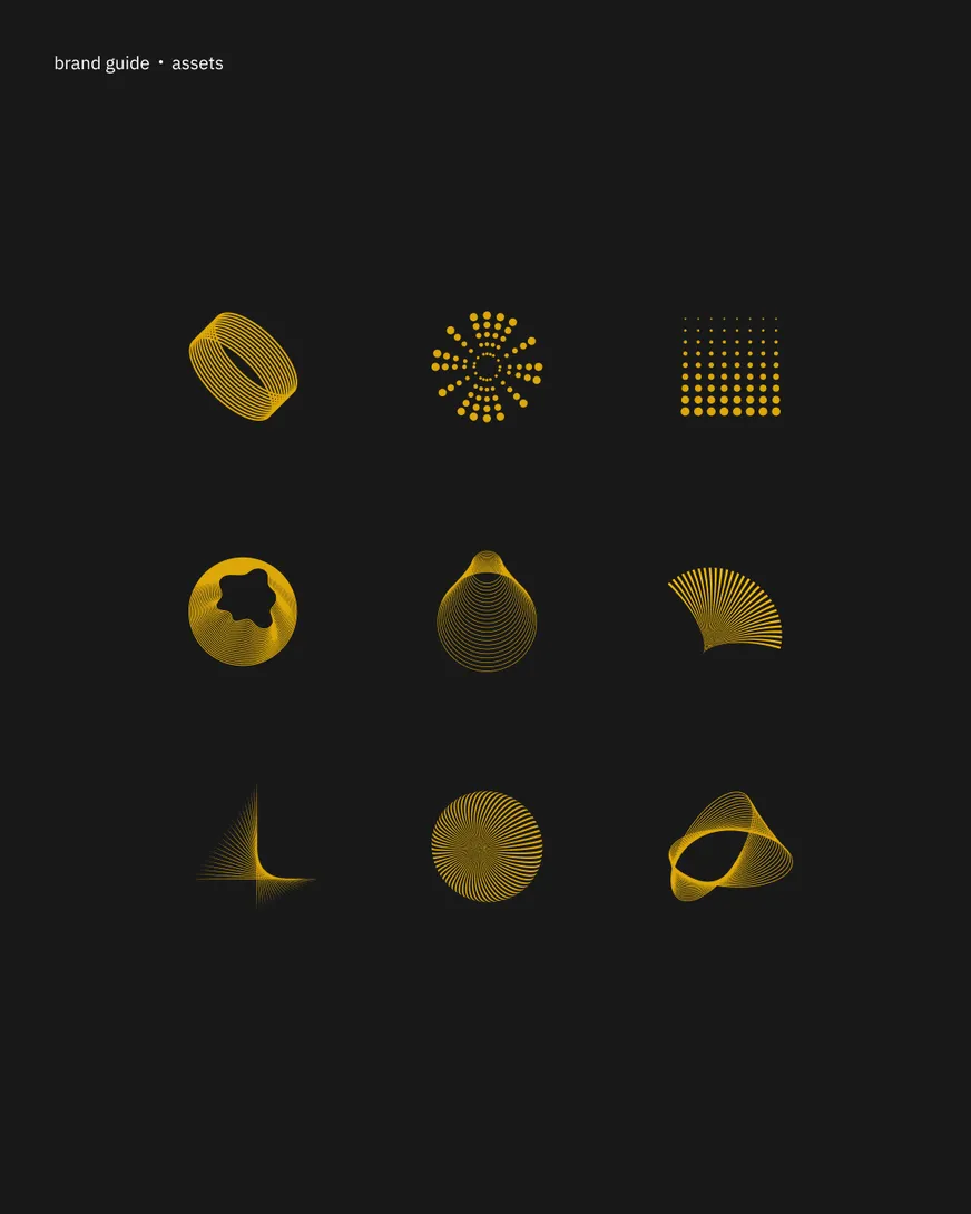 Aedil brand guide page with nine yellow line-art shapes on a dark background